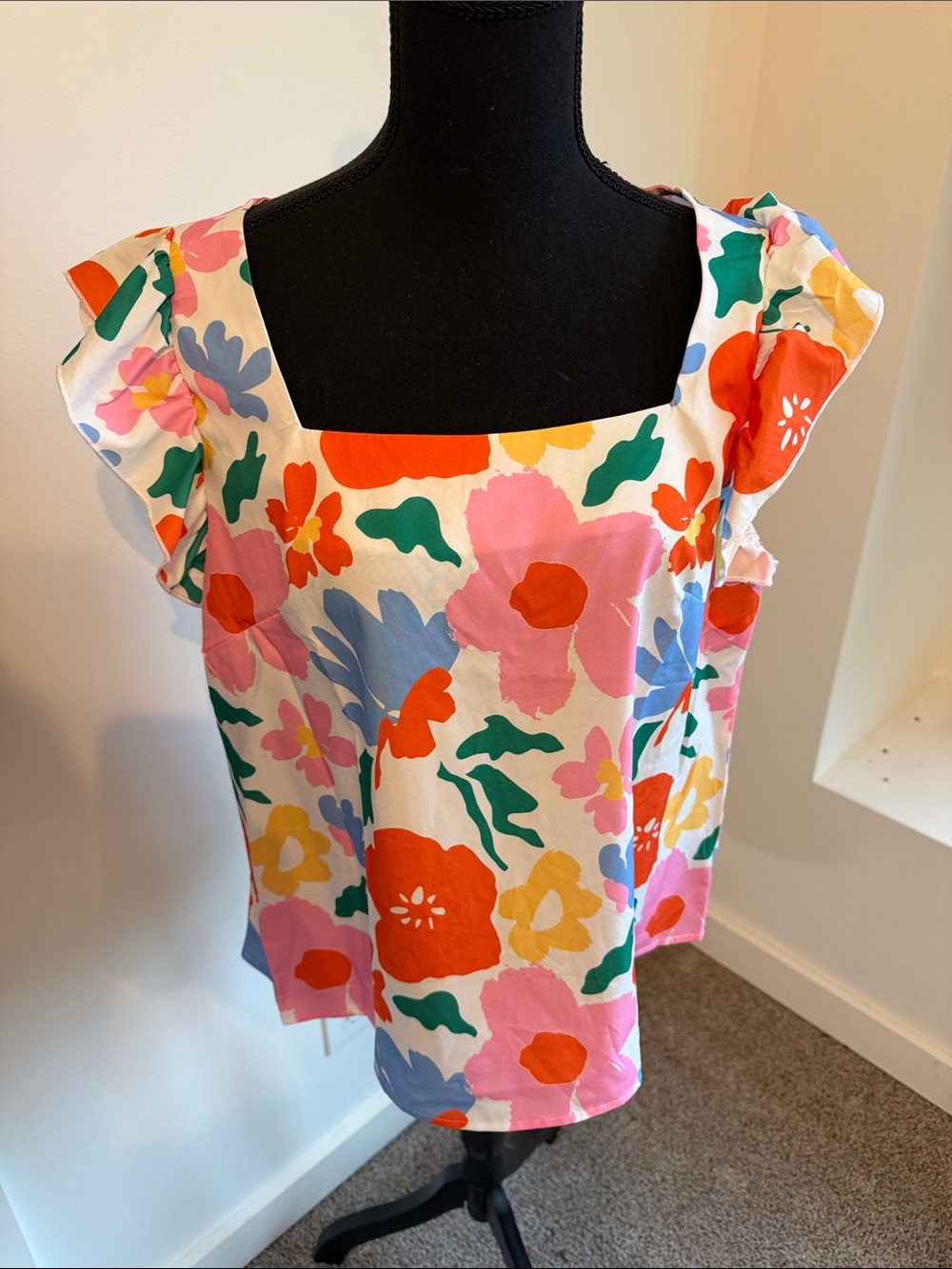 SHEIN White Multicolor Floral Square-Neck Flutter Sleeve Top